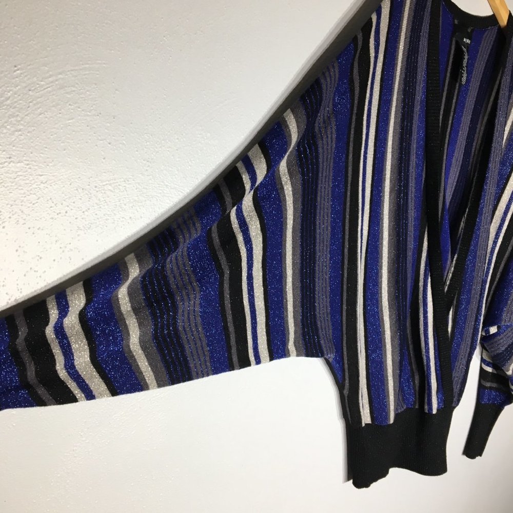 Vintage 90's Black Blue Silver Batwing Cross Over Sweater, Plunging V, Disco - L - Picture 5 of 10